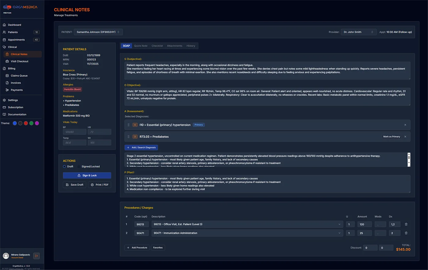 OrgaMedica dashboard showing patient records, appointments, and practice analytics