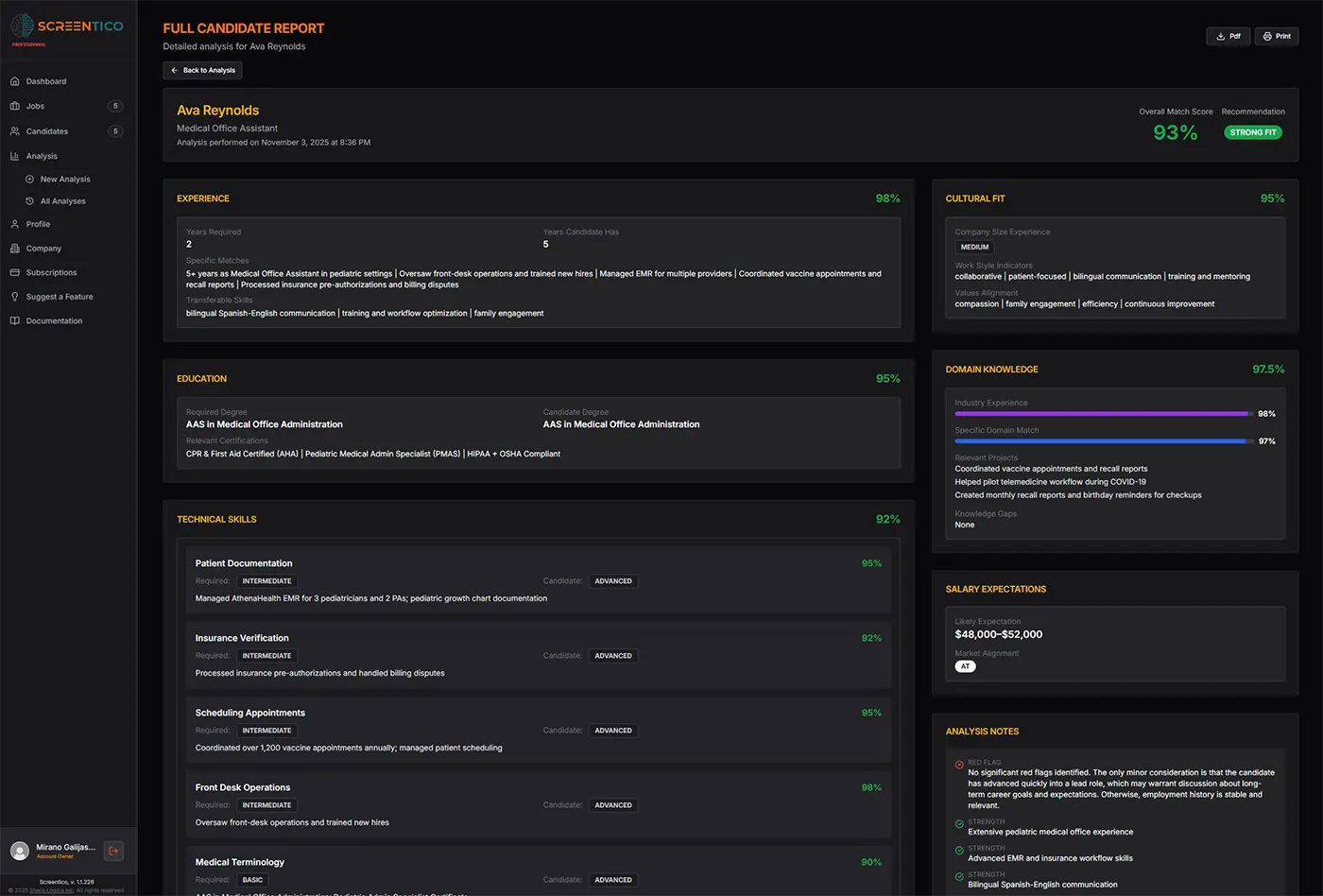 Screentico resume screening dashboard showing ranked candidates